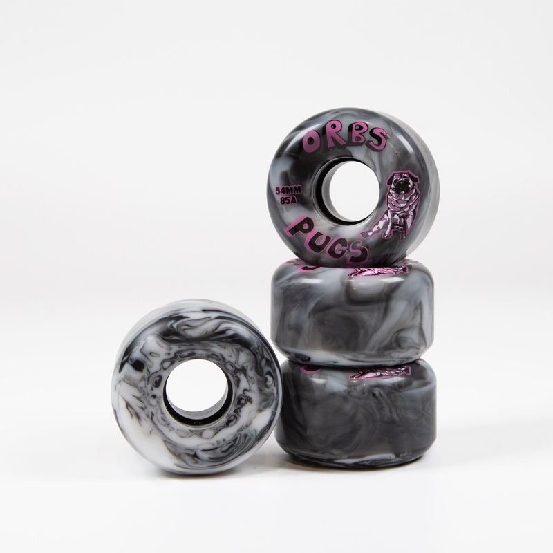 Welcome Skateboards – 54mm (85A) Orbs Pugs Soft Wheels – Black / White