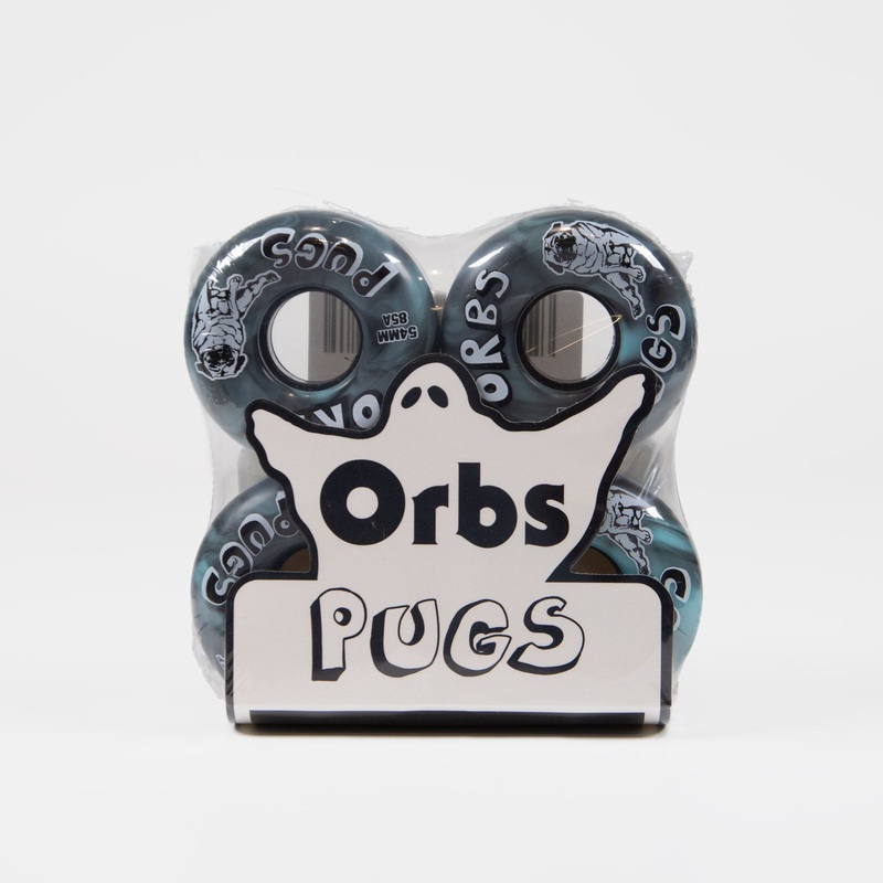Welcome Skateboards – 54mm (85A) Orbs Pugs Skateboard Wheels – Black / Blue
