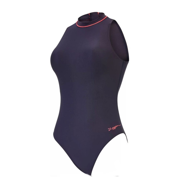 WOMEN’S CABLE ZIPPED HIGHNECK SWIMSUIT UK 8 (32″) BLACK/POOL RED