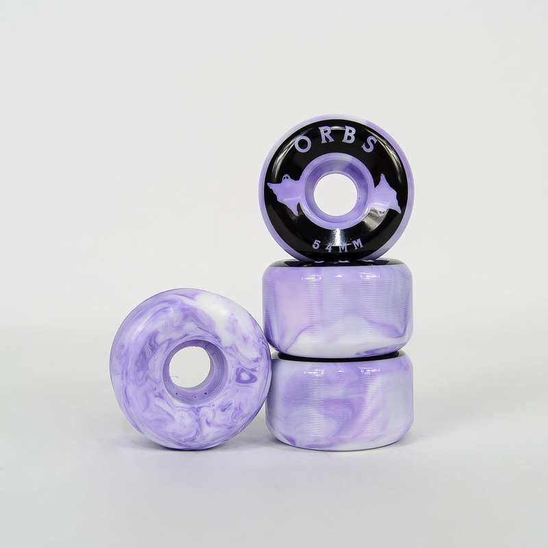 Welcome Skateboards – 54mm (99a) Orbs Specter Swirls Wheels – Purple / White