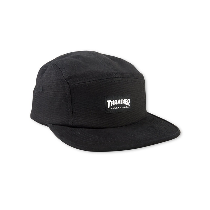 5 Panel Black Strapback Hat O/S BLACK