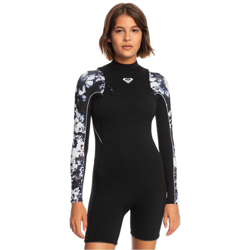 2.5mm Roxy Elite – Long Sleeve Front Zip Springsuit – True Black Black Flowers **1-2 WEEKS ** 2