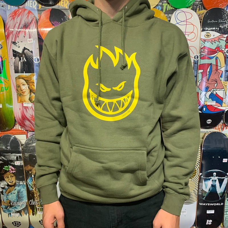 SPITFIRE BIGHEAD PULLOVER HOODED SWEATSHIRT ARMY W/ YELLOW PRINT SMALL