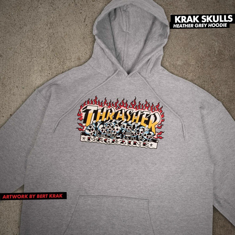 THRASHER KRAK SKULLS HOOD HEATHER GREY SMALL
